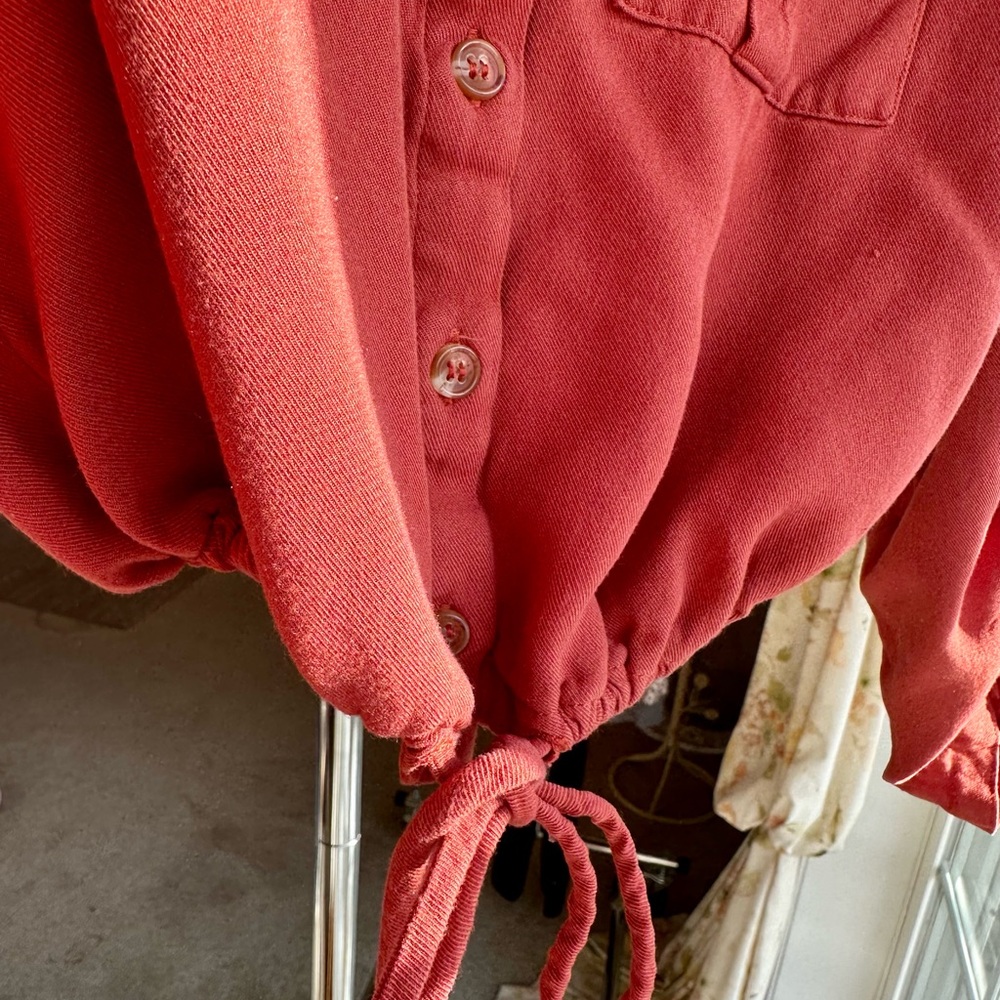 Red Button-Up Drawstring Top